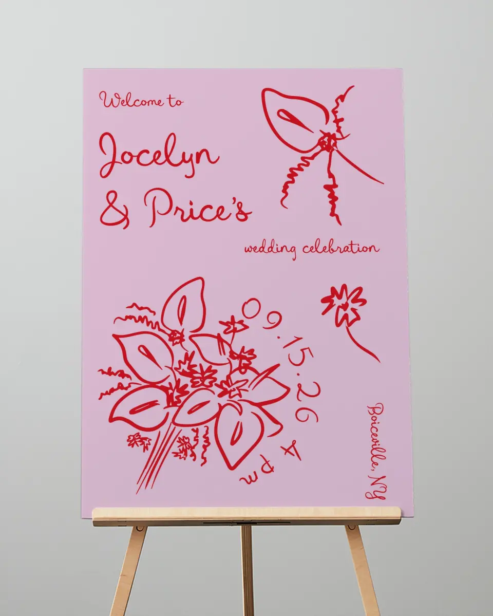 This is a 20" x 28" Welcome Sign called Flourishing Love printed in full color with Gold foil