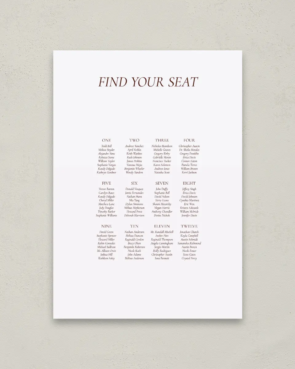 This is a 20" x 28" Seating Chart Sign called Trimmed Lace printed in full color with Gold foil