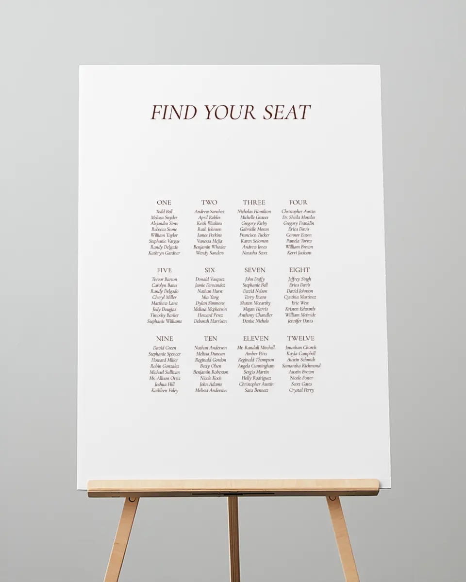 This is a 20" x 28" Seating Chart Sign called Trimmed Lace printed in full color with Gold foil