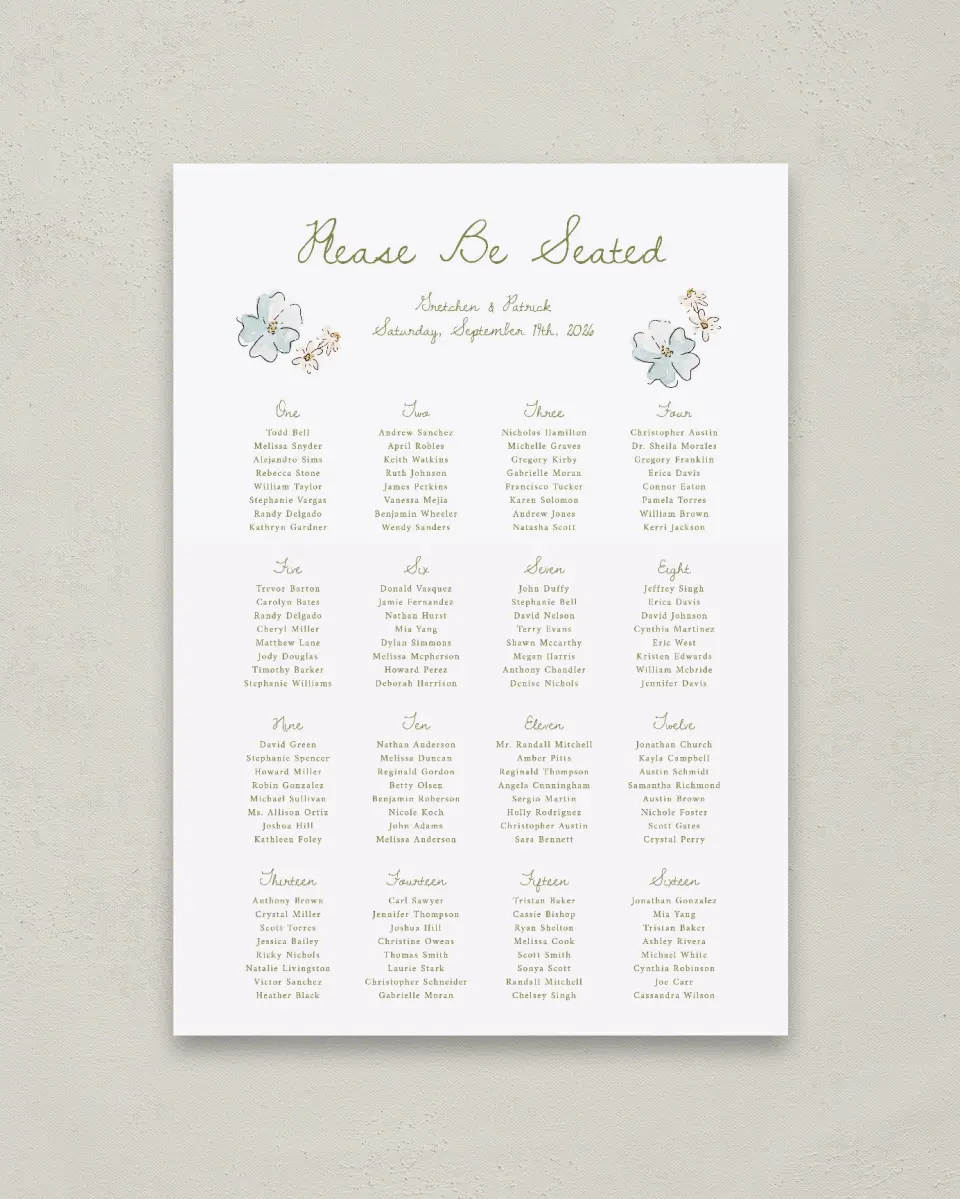 This is a 20" x 28" Seating Chart Sign called Soft Garden Vows printed in full color with Gold foil