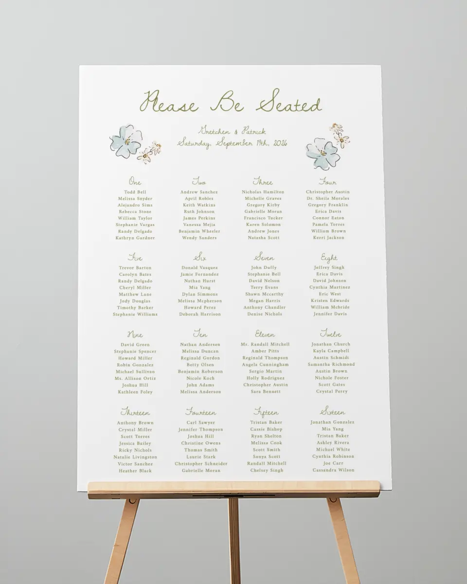 This is a 20" x 28" Seating Chart Sign called Soft Garden Vows printed in full color with Gold foil
