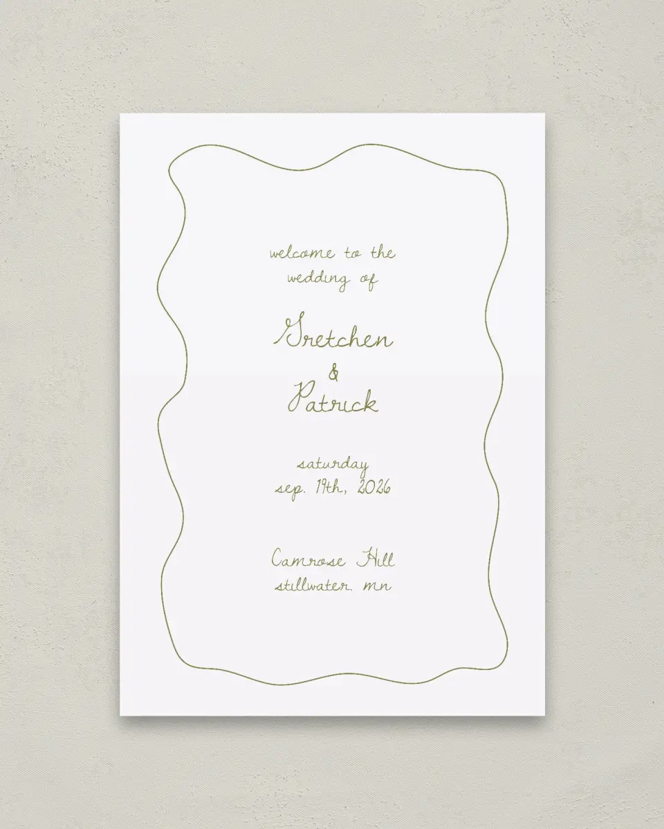 This is a 20" x 28" Welcome Sign called Soft Garden Vows printed in full color with Gold foil