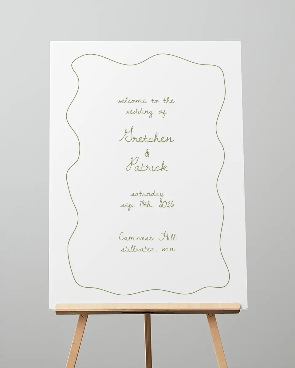 This is a 20" x 28" Welcome Sign called Soft Garden Vows printed in full color with Gold foil