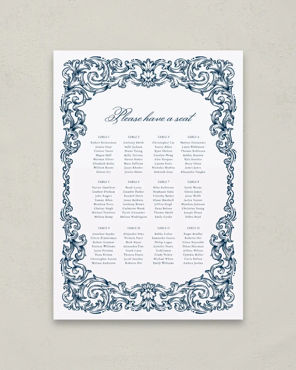 This is a 20" x 28" Seating Chart Sign called Heirloom Crest printed in full color with Gold foil