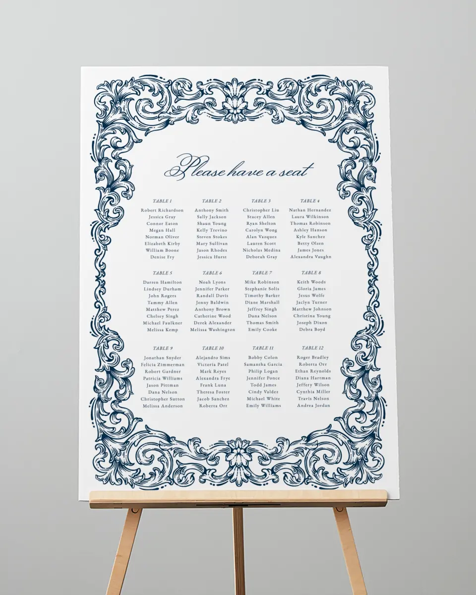 This is a 20" x 28" Seating Chart Sign called Heirloom Crest printed in full color with Gold foil