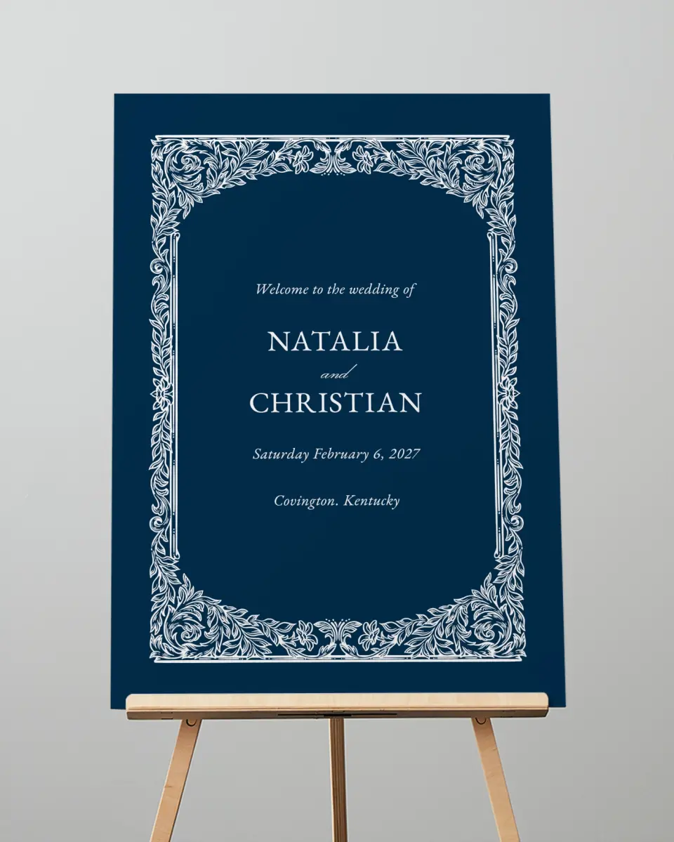 This is a 20" x 28" Welcome Sign called Heirloom Crest printed in full color with Gold foil
