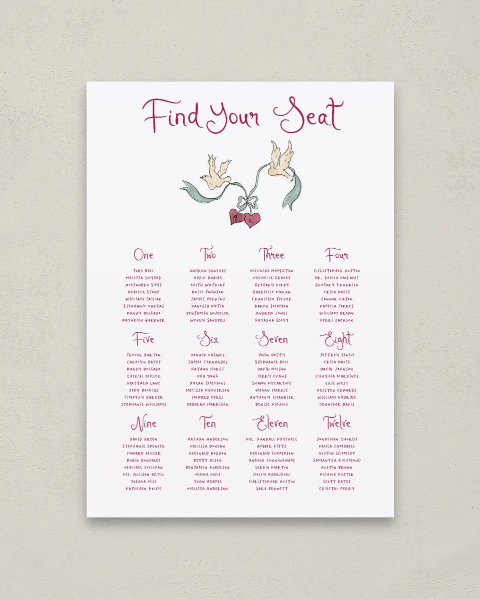 This is a 20" x 28" Seating Chart Sign called Love Dove printed in full color with Gold foil