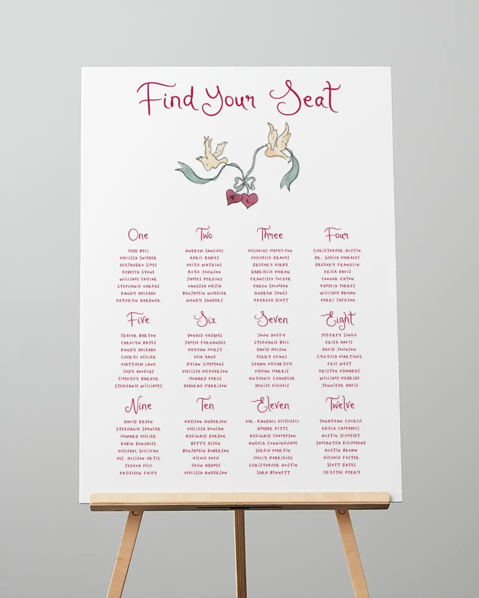 This is a 20" x 28" Seating Chart Sign called Love Dove printed in full color with Gold foil