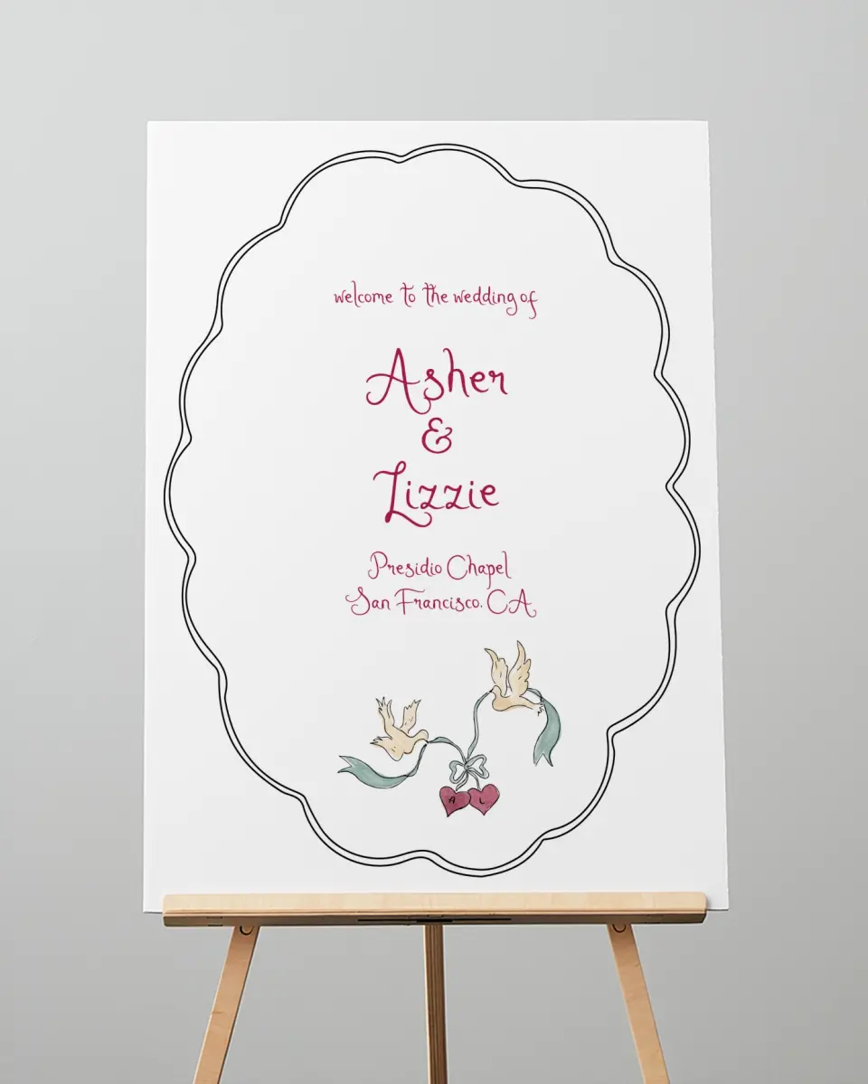 This is a 20" x 28" Welcome Sign called Love Dove printed in full color with Gold foil