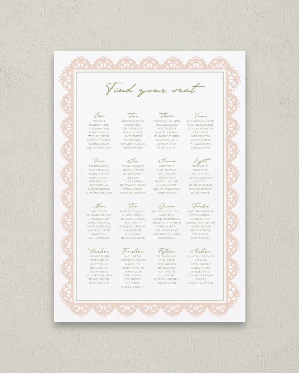 This is a 20" x 28" Seating Chart Sign called Verdant Romance printed in full color with Gold foil