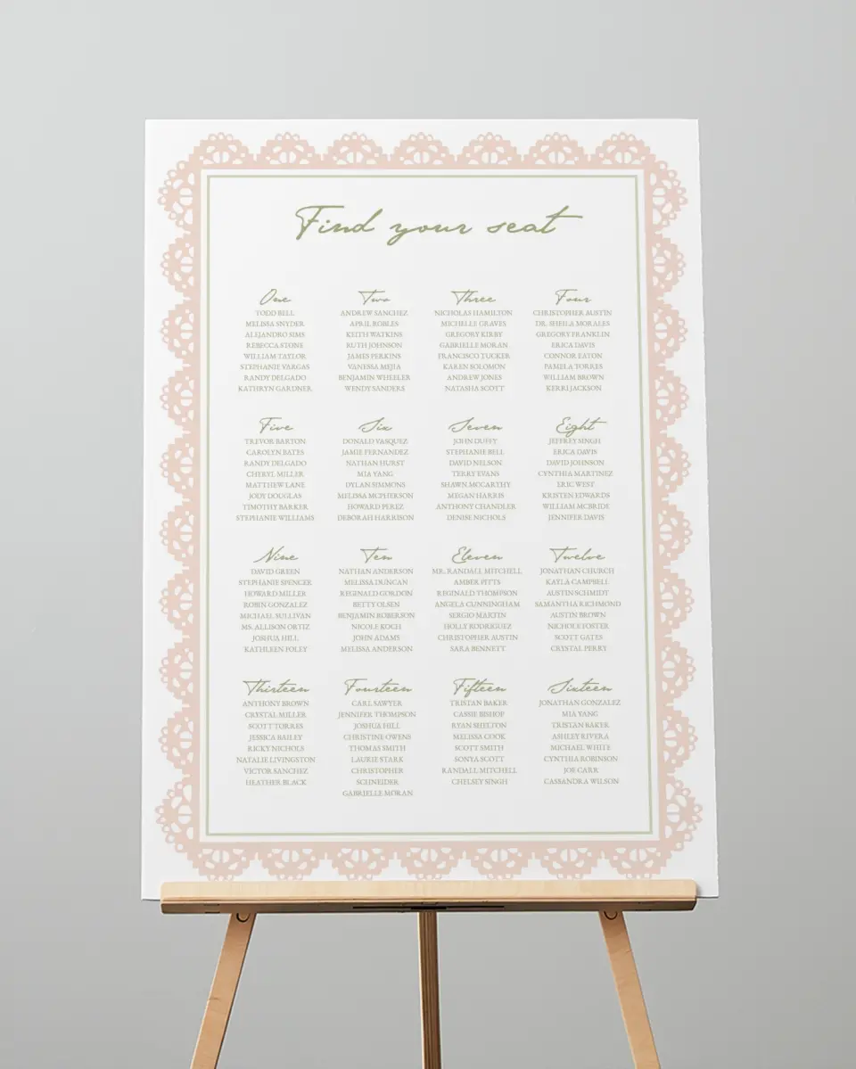 This is a 20" x 28" Seating Chart Sign called Verdant Romance printed in full color with Gold foil
