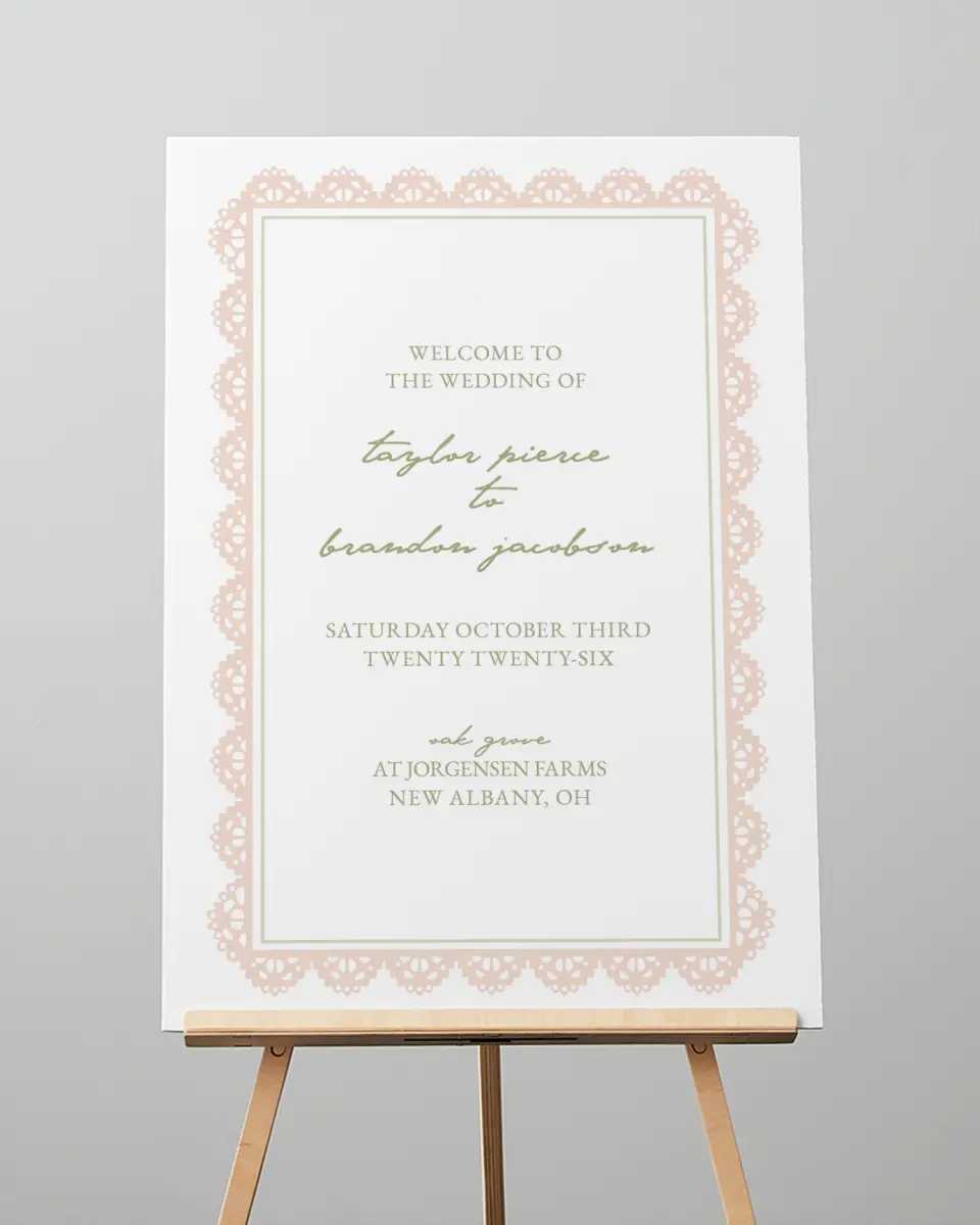 This is a 20" x 28" Welcome Sign called Verdant Romance printed in full color with Gold foil