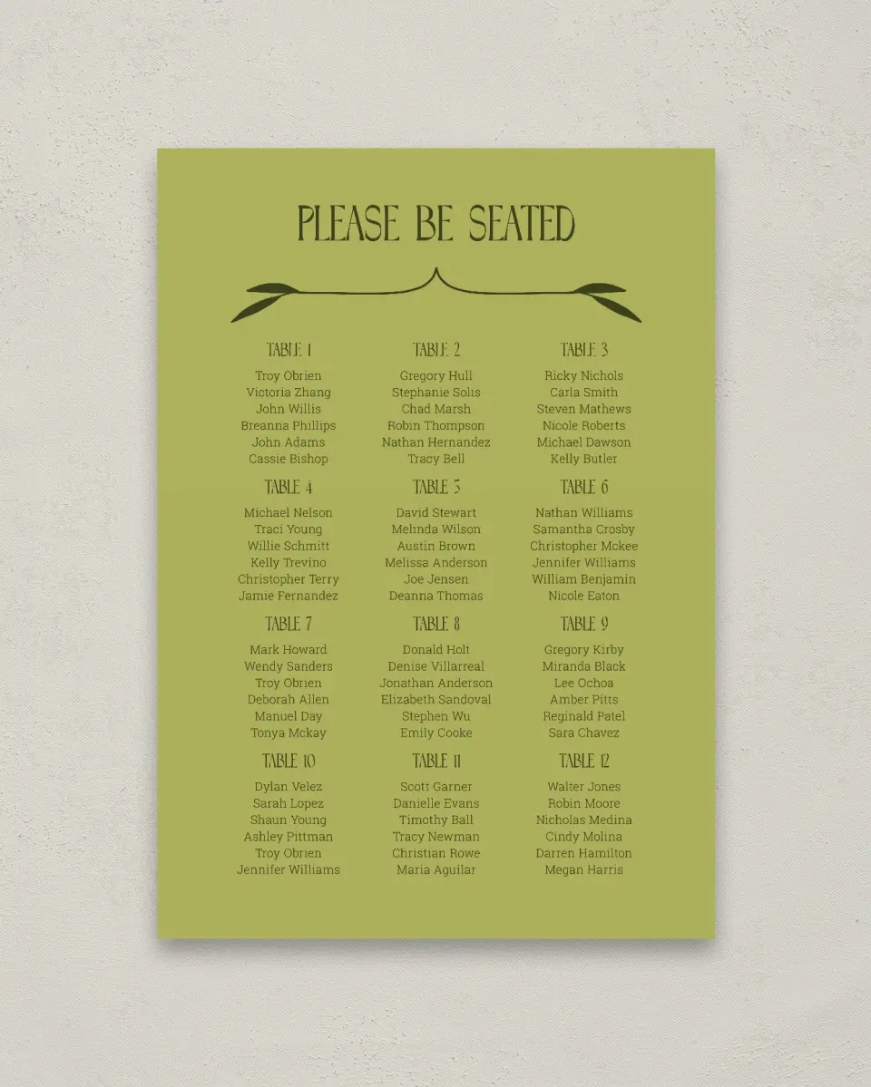 This is a 20" x 28" Seating Chart Sign called Nouveau Romance printed in full color with Gold foil
