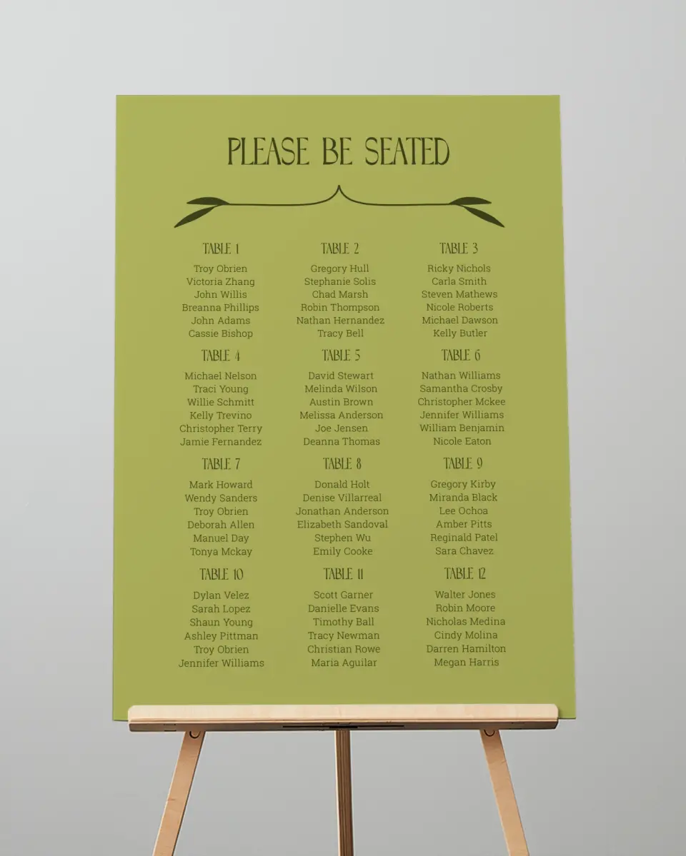 This is a 20" x 28" Seating Chart Sign called Nouveau Romance printed in full color with Gold foil