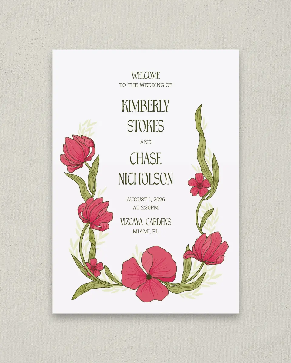 This is a 20" x 28" Welcome Sign called Nouveau Romance printed in full color with Gold foil
