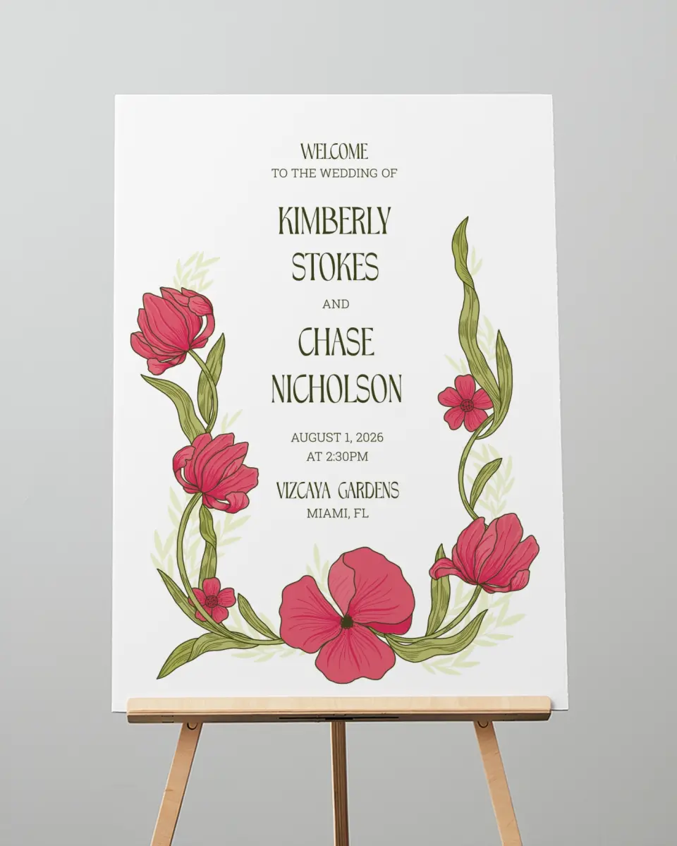 This is a 20" x 28" Welcome Sign called Nouveau Romance printed in full color with Gold foil
