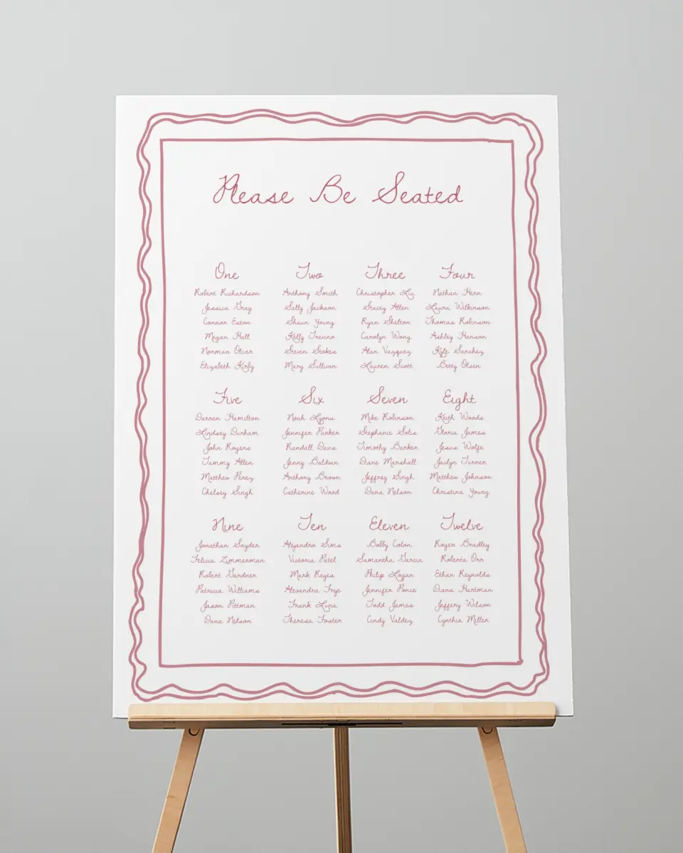 This is a 20" x 28" Seating Chart Sign called Blushing Whimsy printed in full color with Gold foil