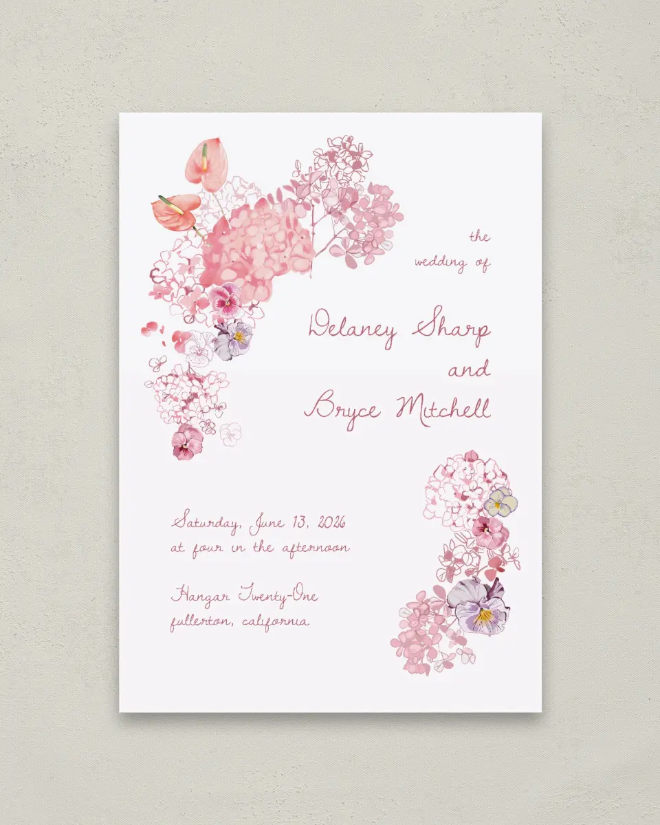This is a 20" x 28" Welcome Sign called Blushing Whimsy printed in full color with Gold foil