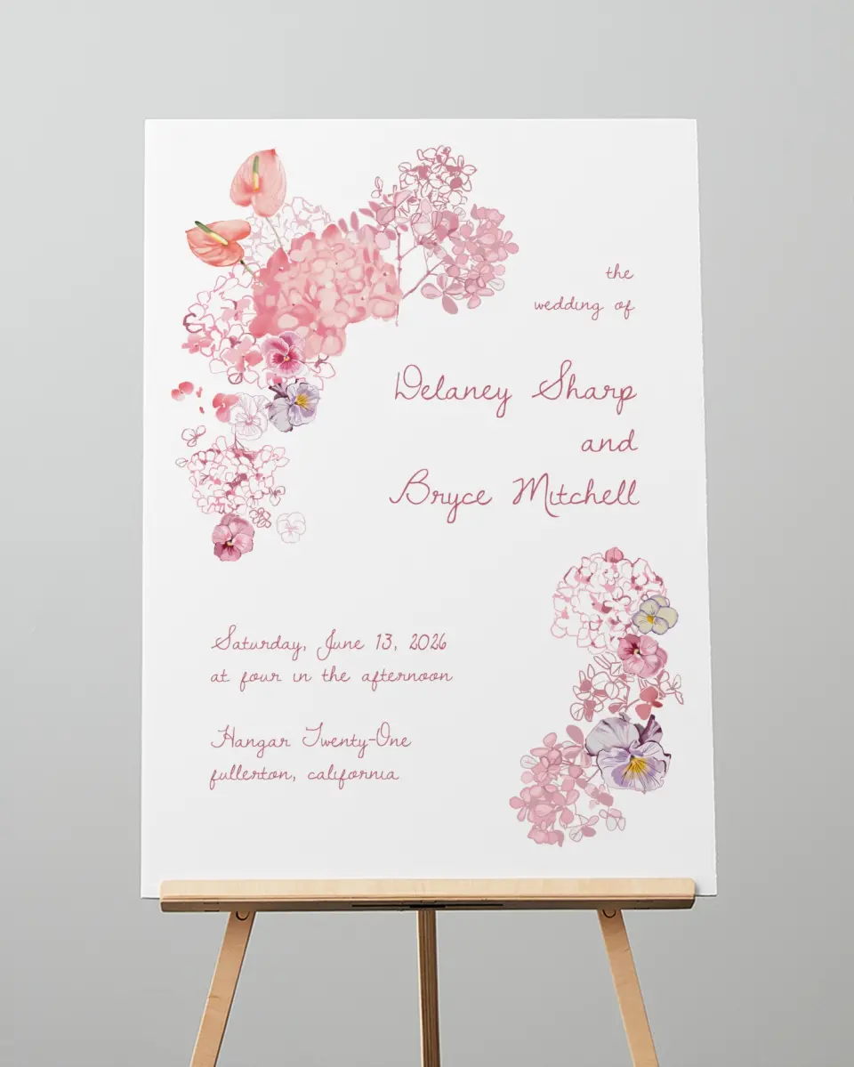 This is a 20" x 28" Welcome Sign called Blushing Whimsy printed in full color with Gold foil