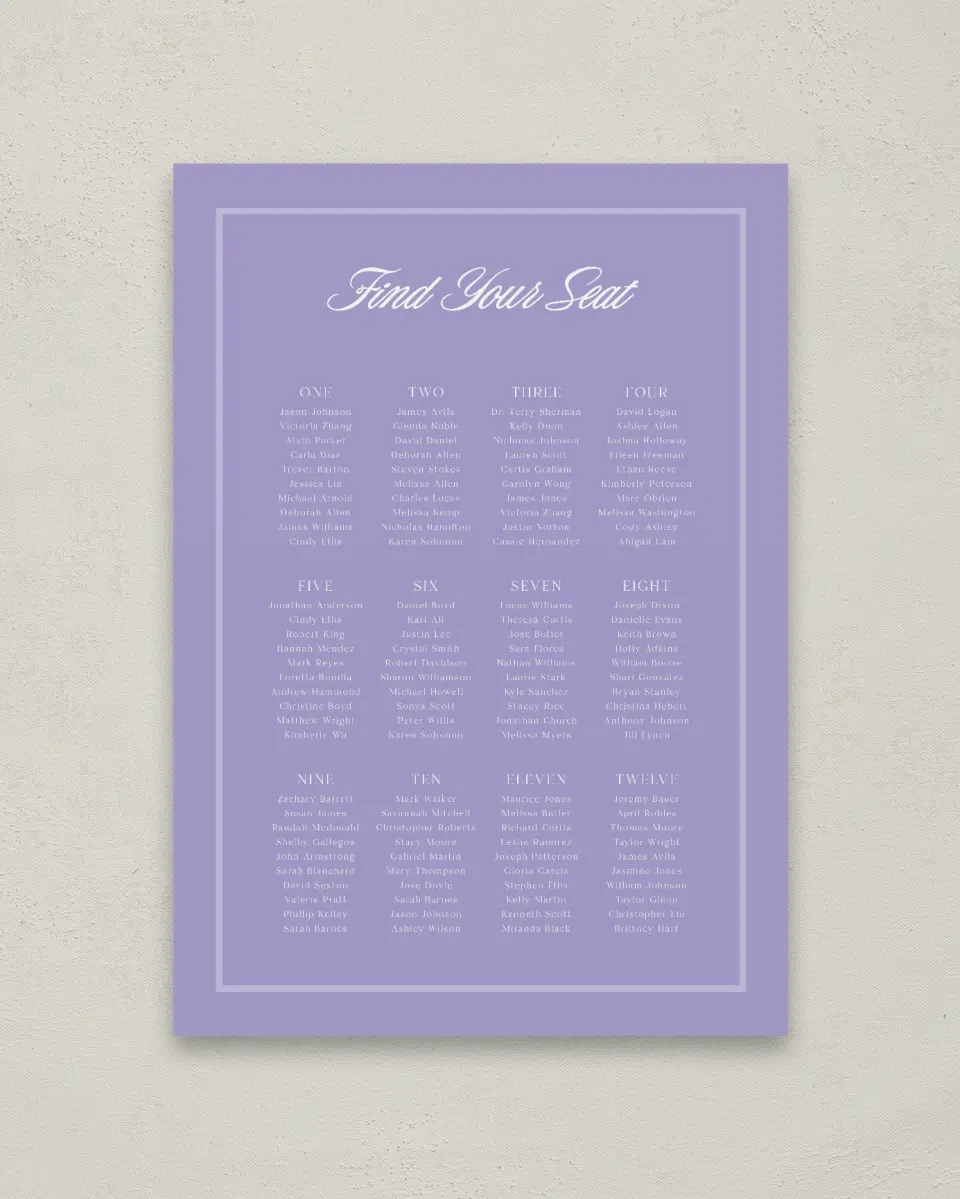 This is a 20" x 28" Seating Chart Sign called Gentle Garden printed in full color with Gold foil