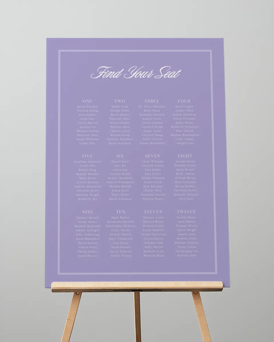 This is a 20" x 28" Seating Chart Sign called Gentle Garden printed in full color with Gold foil