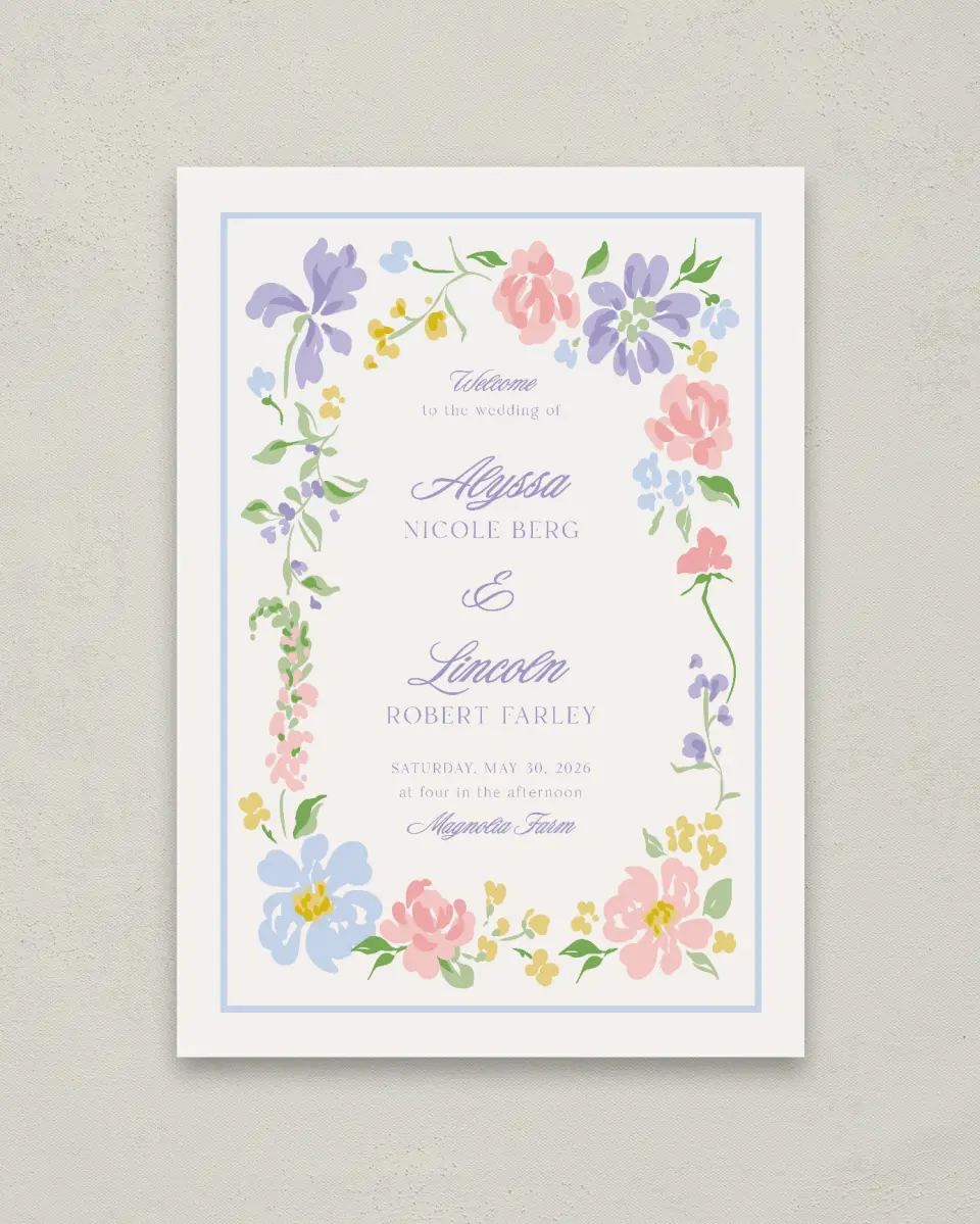 This is a 20" x 28" Welcome Sign called Gentle Garden printed in full color with Gold foil