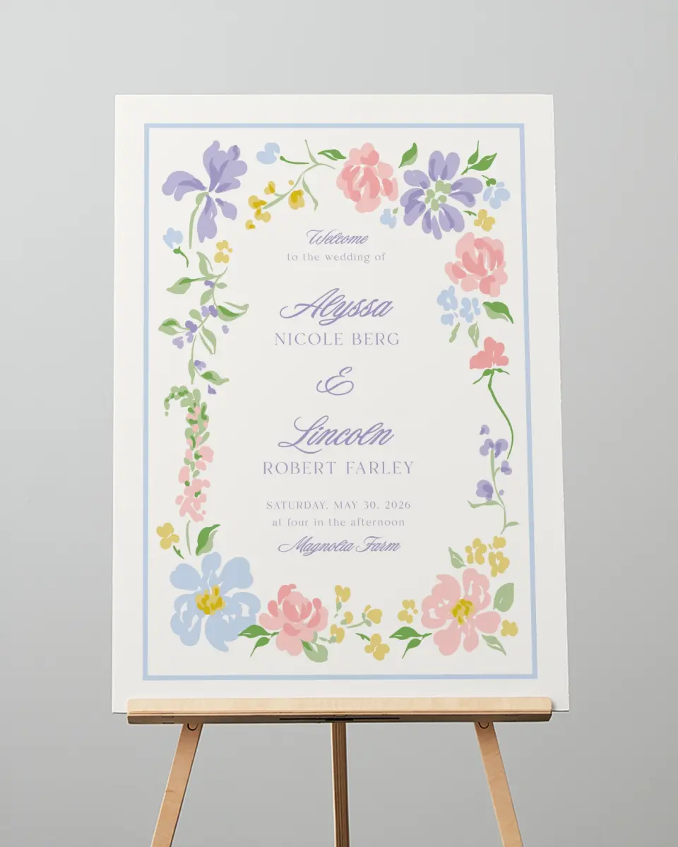 This is a 20" x 28" Welcome Sign called Gentle Garden printed in full color with Gold foil