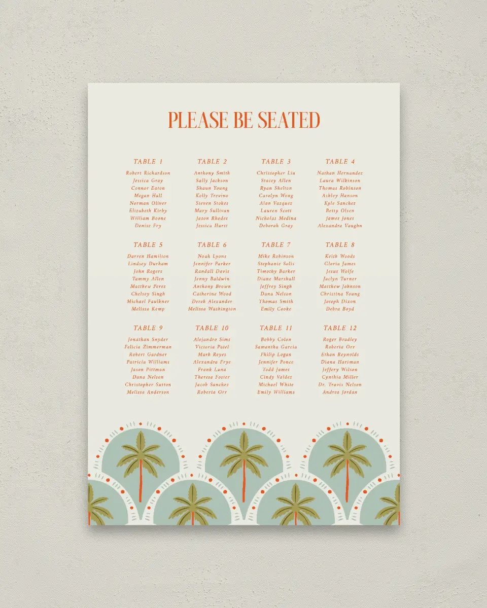 This is a 20" x 28" Seating Chart Sign called Tropical Treasure printed in full color with Gold foil