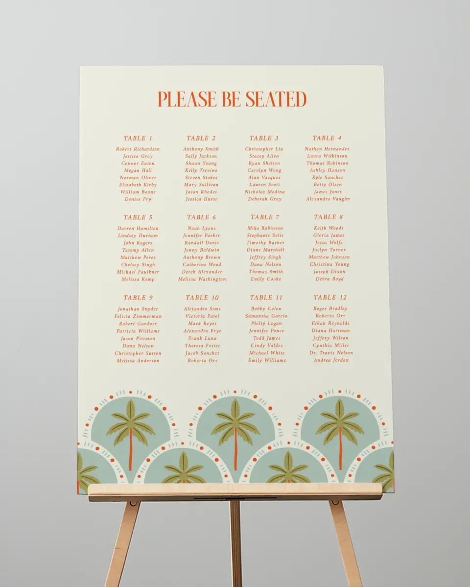 This is a 20" x 28" Seating Chart Sign called Tropical Treasure printed in full color with Gold foil
