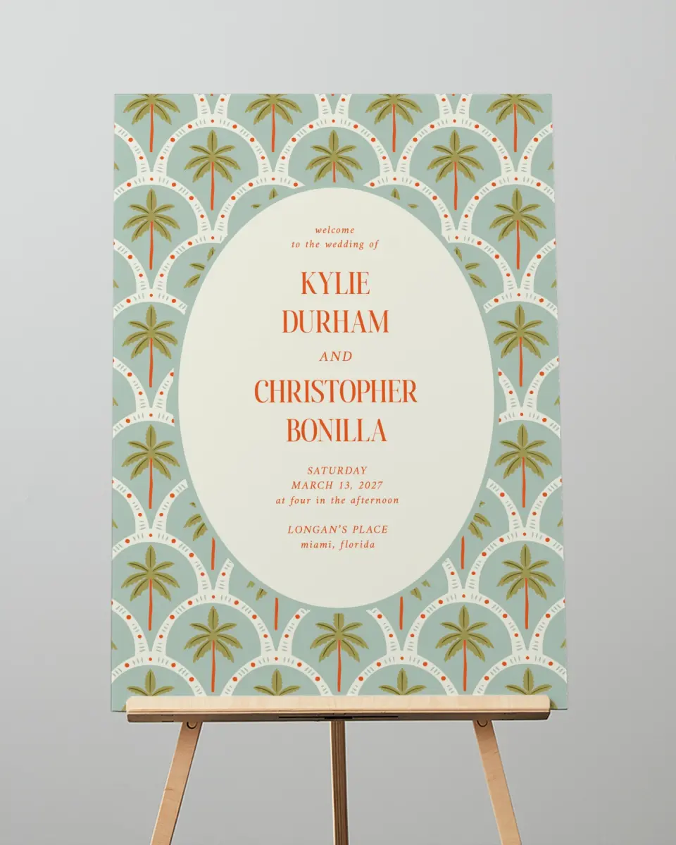This is a 20" x 28" Welcome Sign called Tropical Treasure printed in full color with Gold foil
