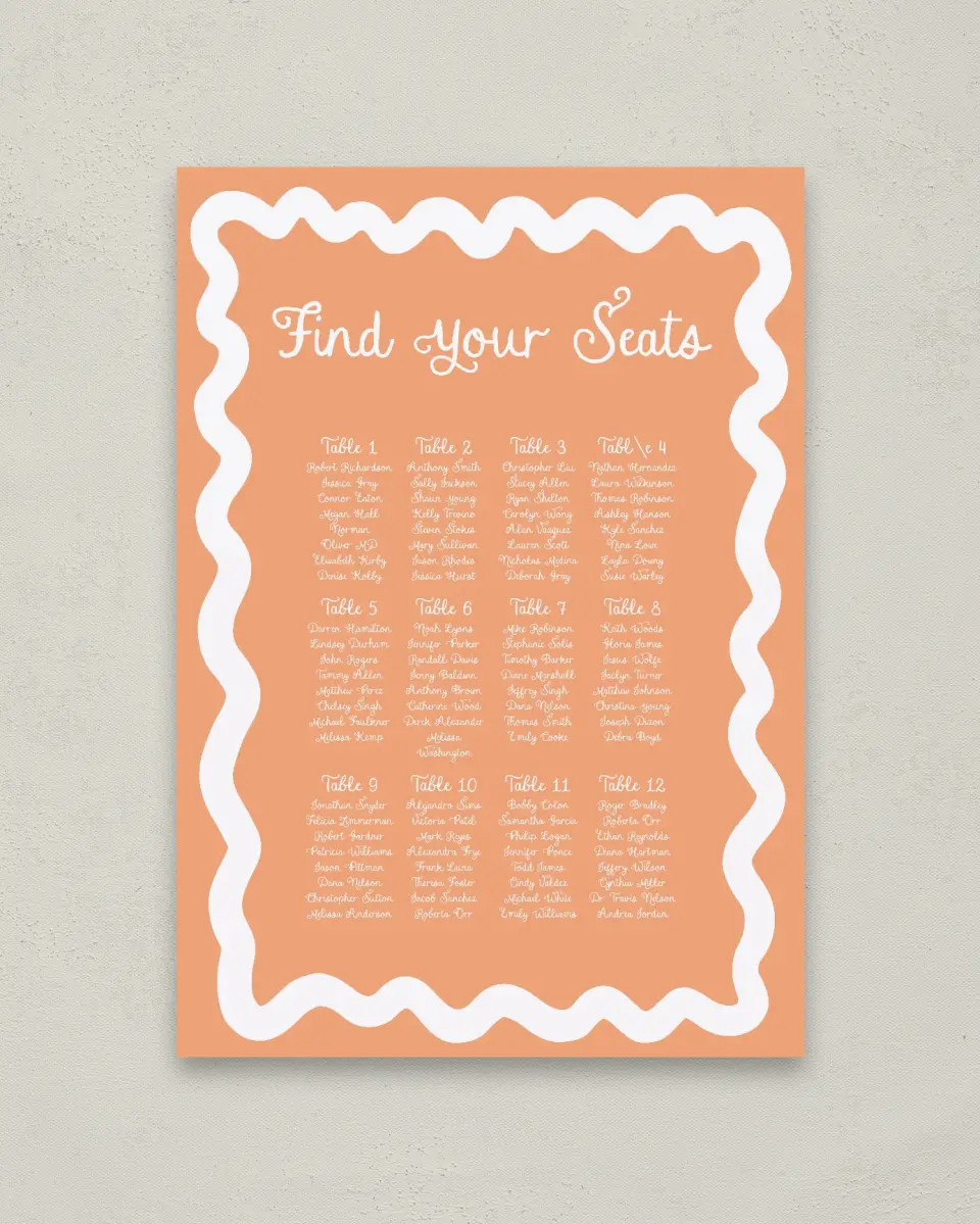 This is a 20" x 28" Seating Chart Sign called Wavy Love printed in full color with Gold foil