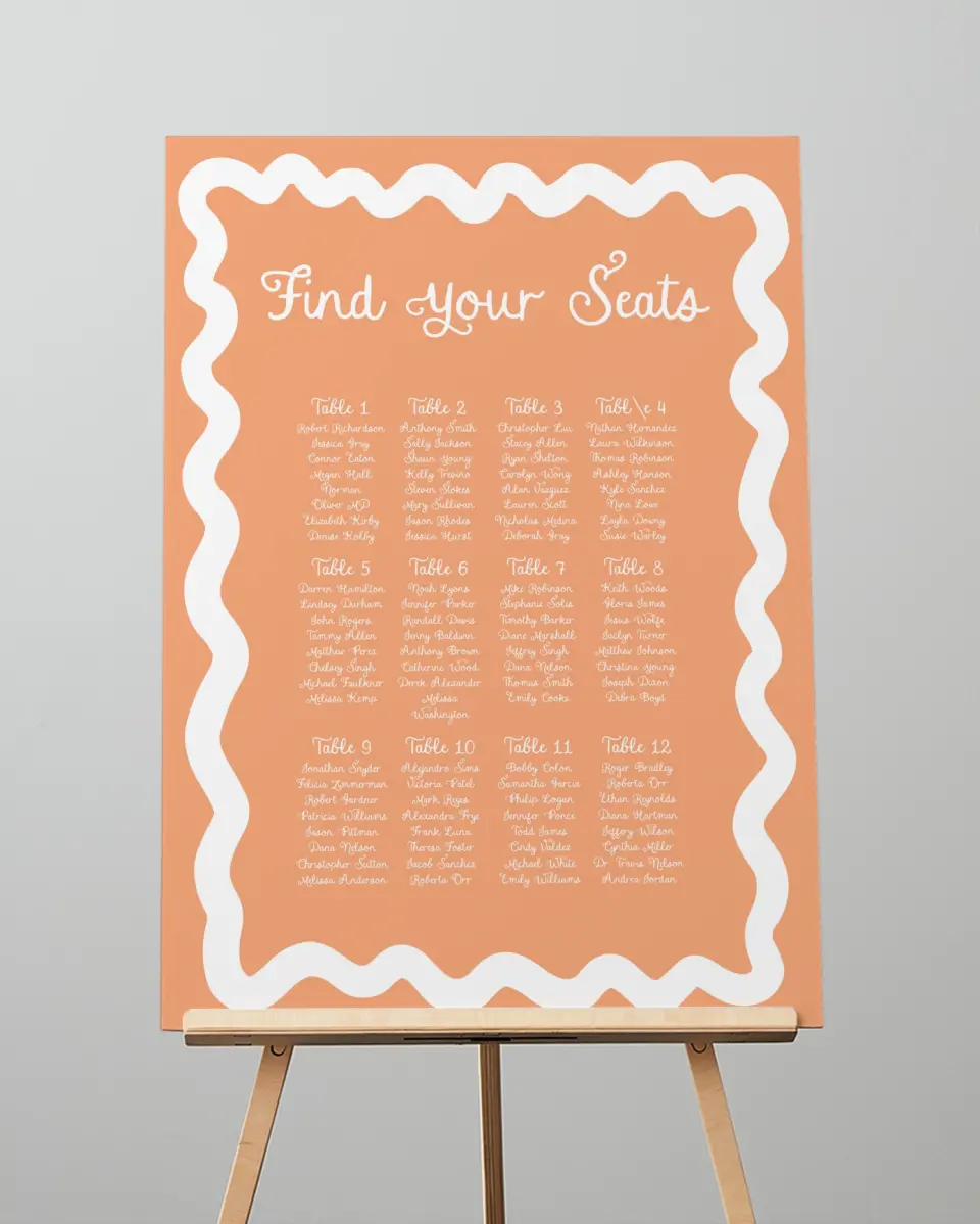This is a 20" x 28" Seating Chart Sign called Wavy Love printed in full color with Gold foil