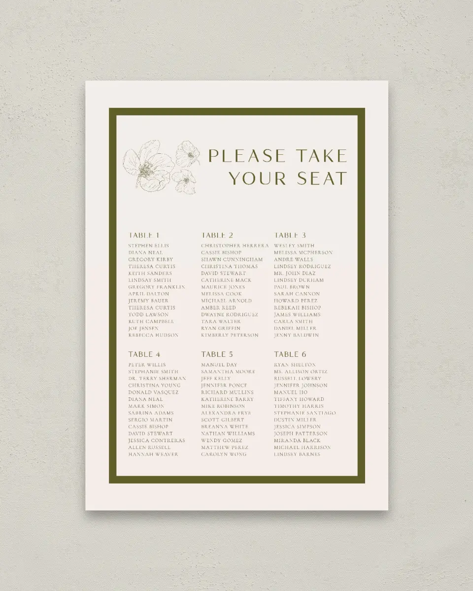 This is a 20" x 28" Seating Chart Sign called Delicate Love printed in full color with Gold foil