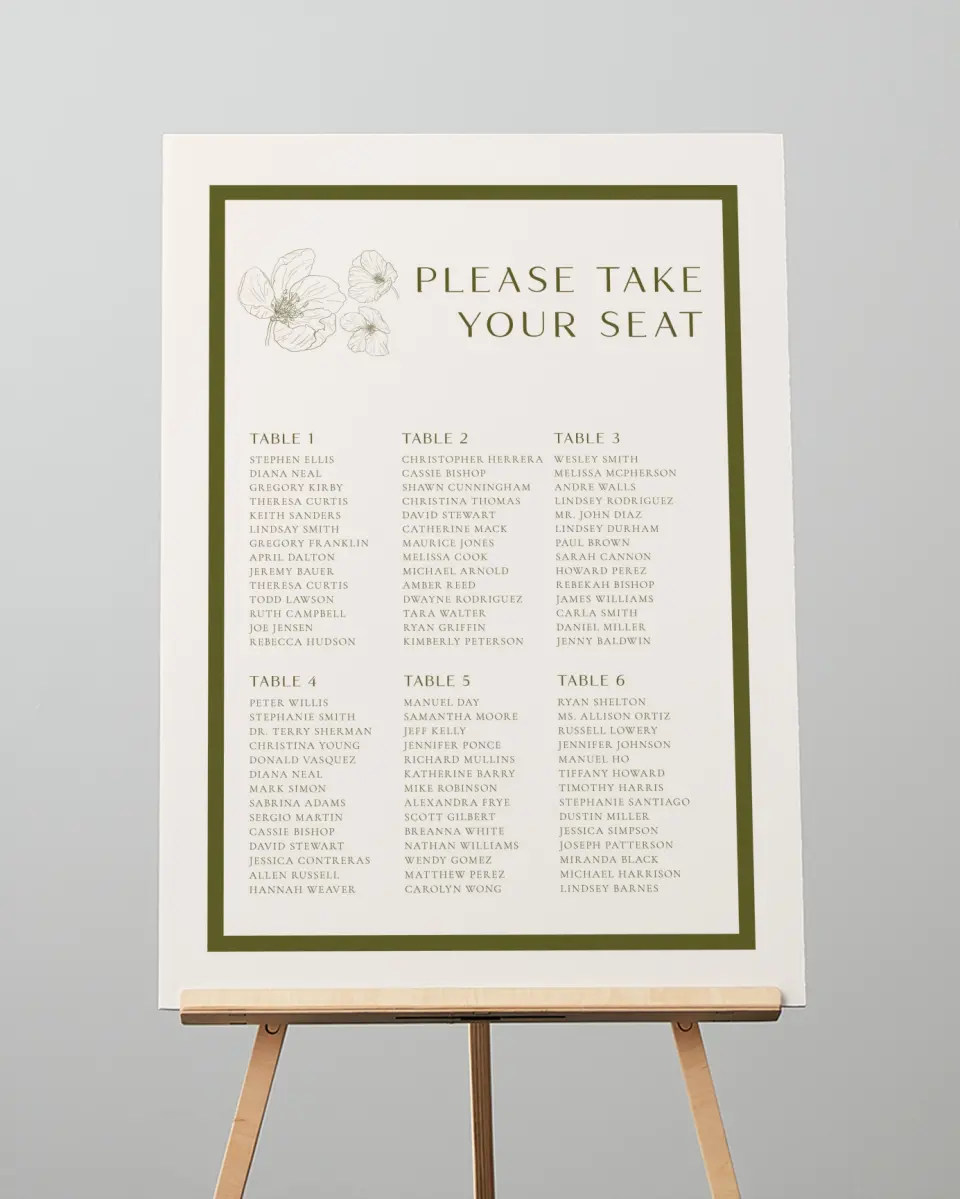 This is a 20" x 28" Seating Chart Sign called Delicate Love printed in full color with Gold foil