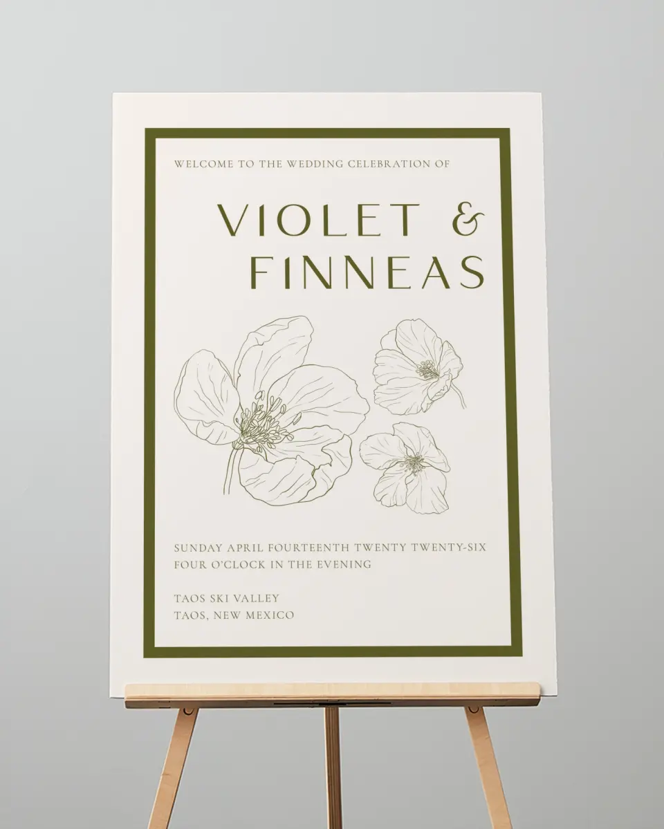This is a 20" x 28" Welcome Sign called Delicate Love printed in full color with Gold foil