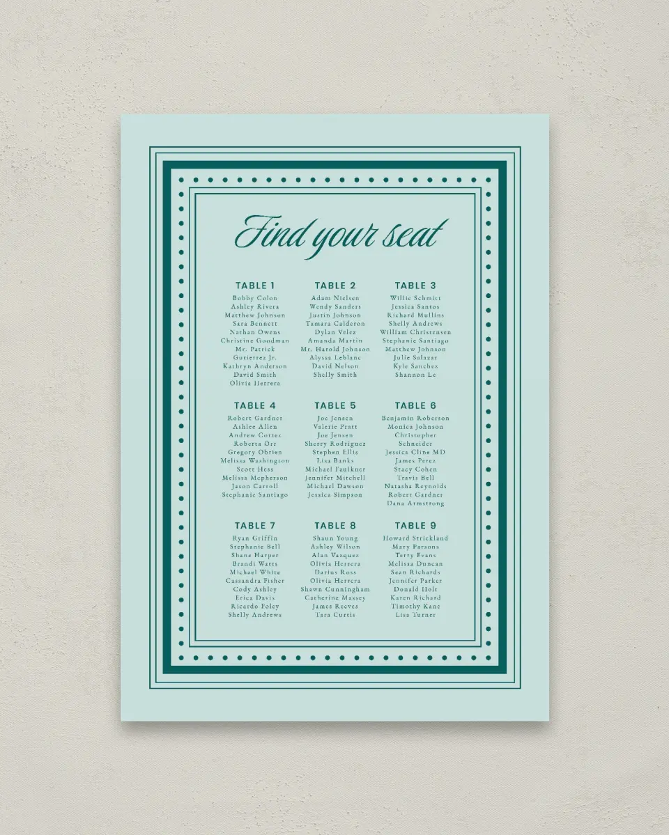 This is a 20" x 28" Seating Chart Sign called Faithful Frame printed in full color with Gold foil