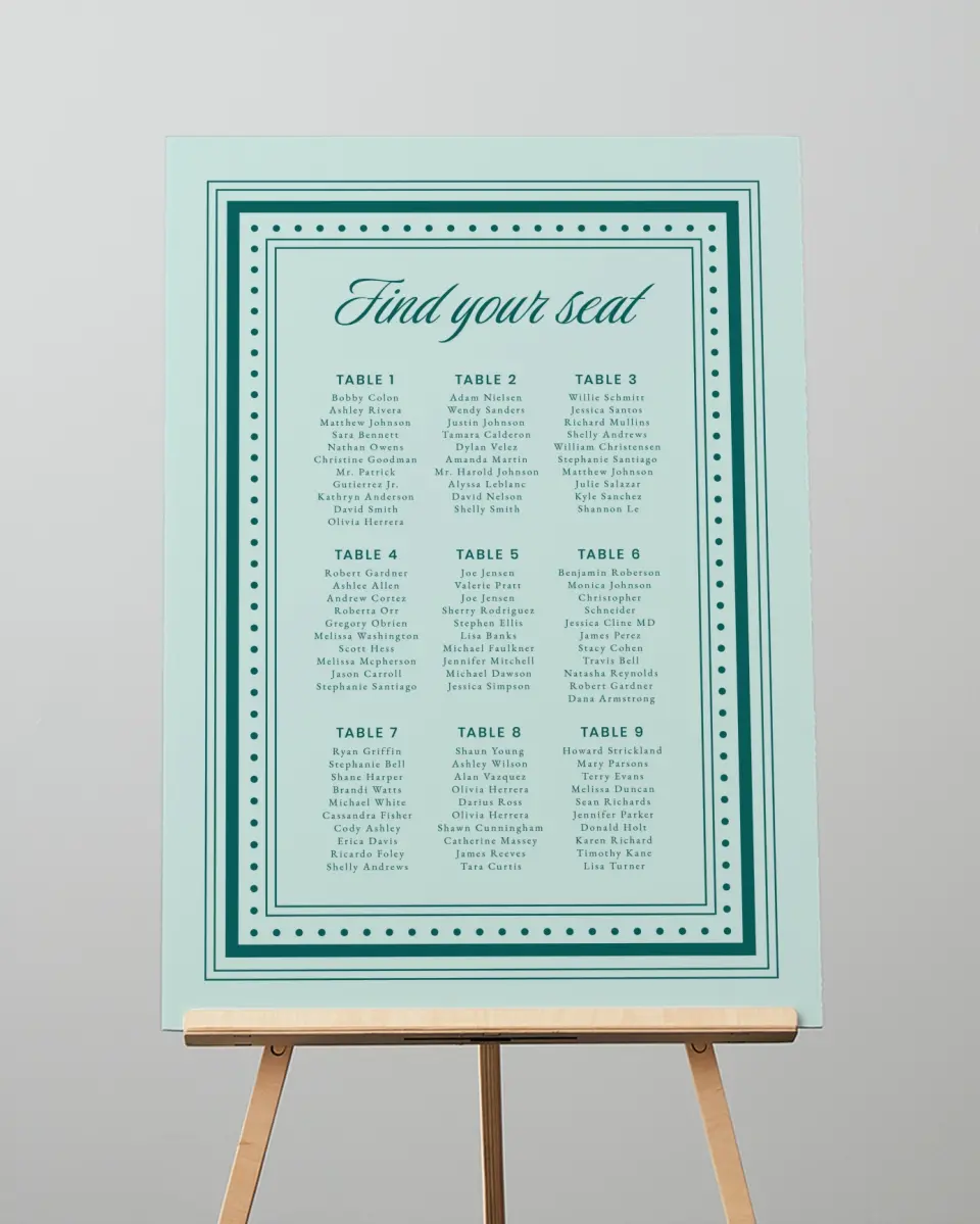 This is a 20" x 28" Seating Chart Sign called Faithful Frame printed in full color with Gold foil