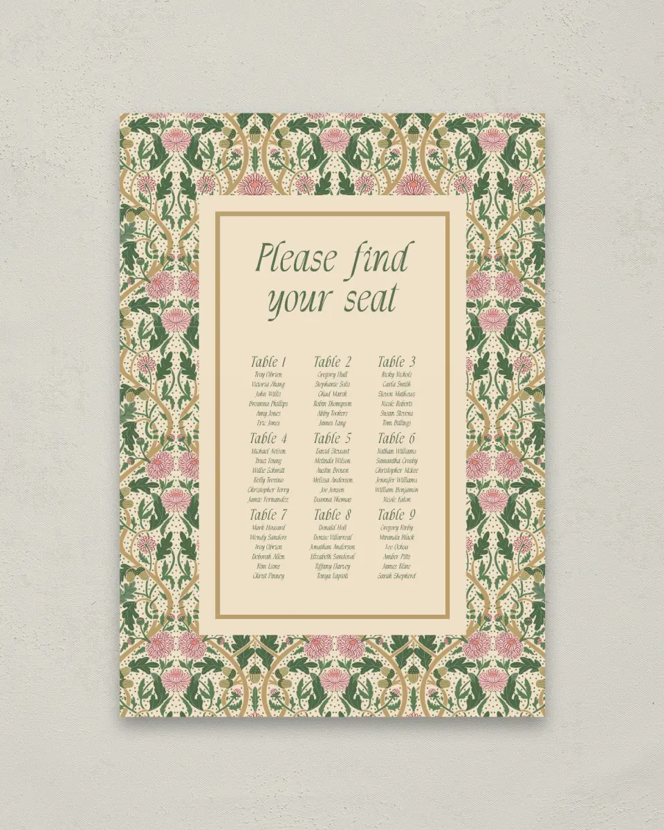 This is a 20" x 28" Seating Chart Sign called Regal Garden printed in full color with Gold foil