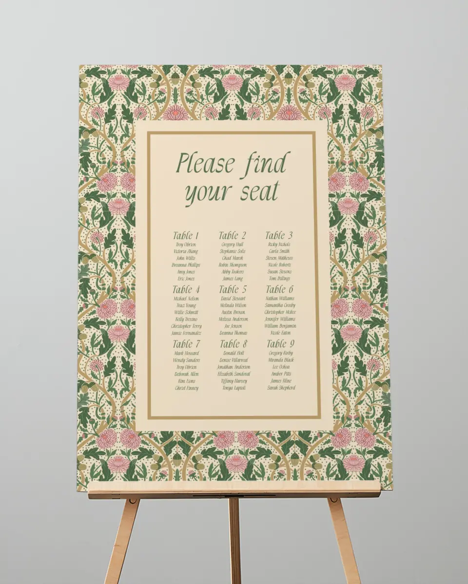 This is a 20" x 28" Seating Chart Sign called Regal Garden printed in full color with Gold foil