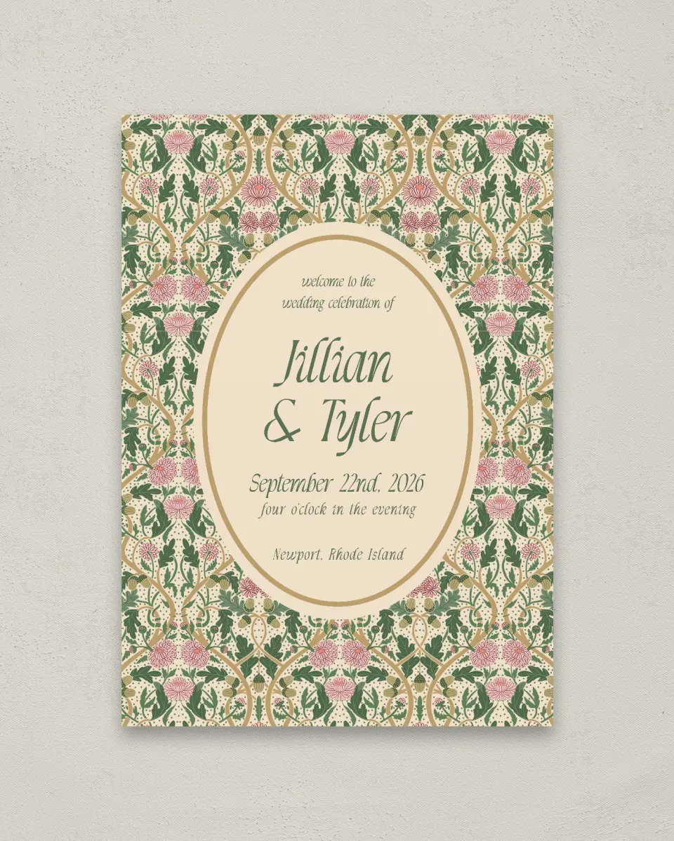 This is a 20" x 28" Welcome Sign called Regal Garden printed in full color with Gold foil