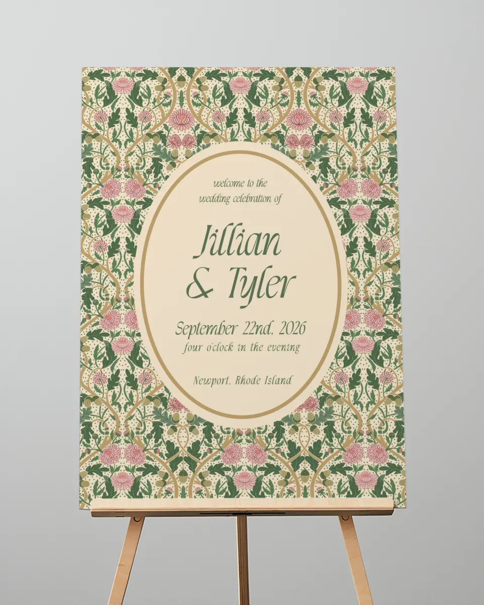 This is a 20" x 28" Welcome Sign called Regal Garden printed in full color with Gold foil
