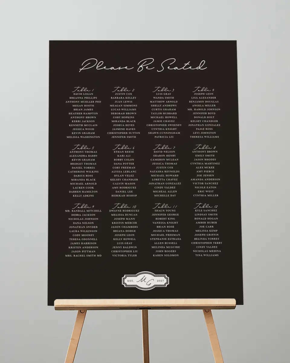 This is a 20" x 28" Seating Chart Sign called Opulent Endearment printed in full color with Gold foil