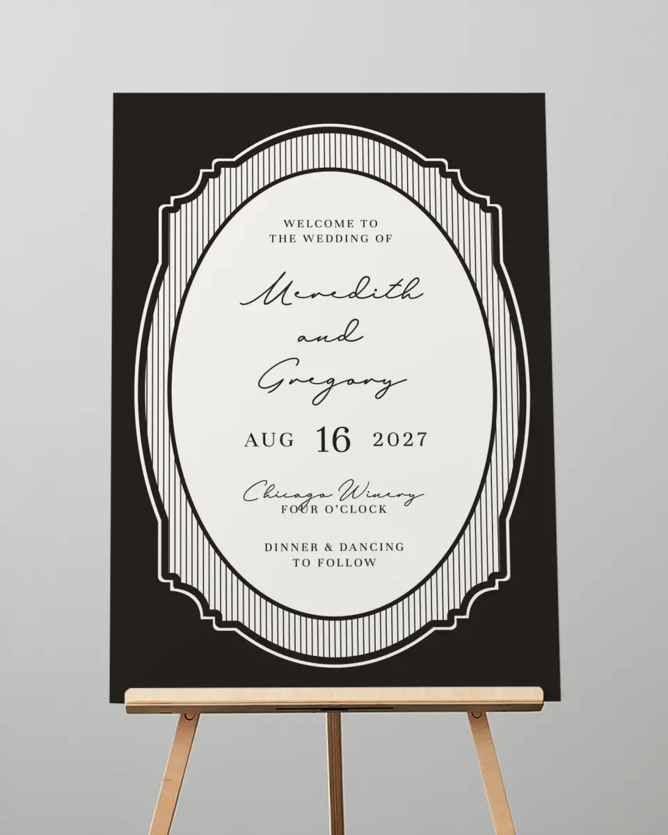 This is a 20" x 28" Welcome Sign called Opulent Endearment printed in full color with Gold foil