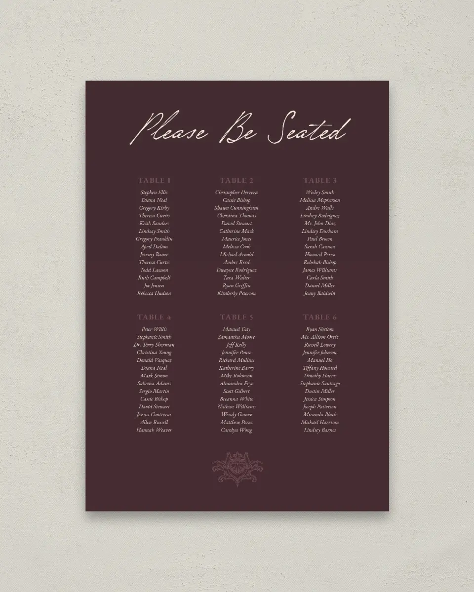 This is a 20" x 28" Seating Chart Sign called Victorian Aura printed in full color with Gold foil