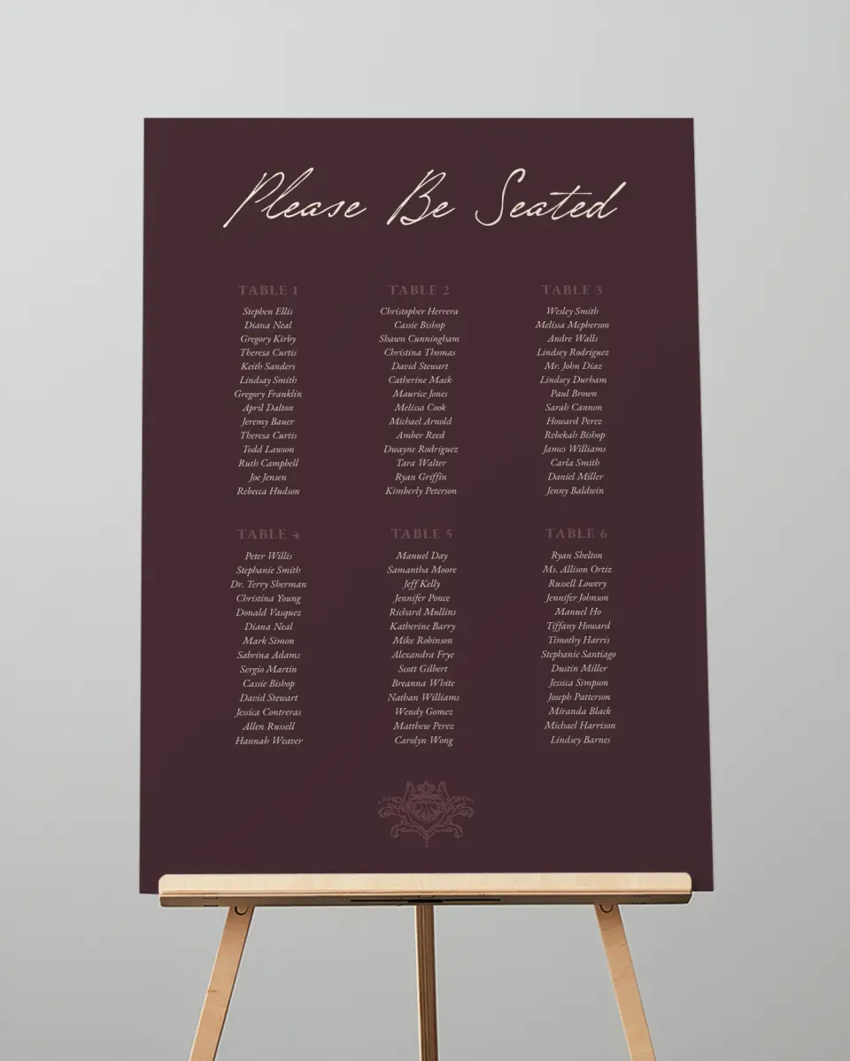 This is a 20" x 28" Seating Chart Sign called Victorian Aura printed in full color with Gold foil