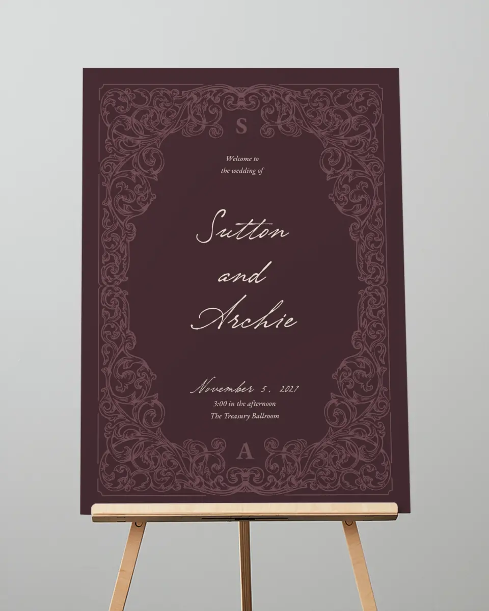 This is a 20" x 28" Welcome Sign called Victorian Aura printed in full color with Gold foil