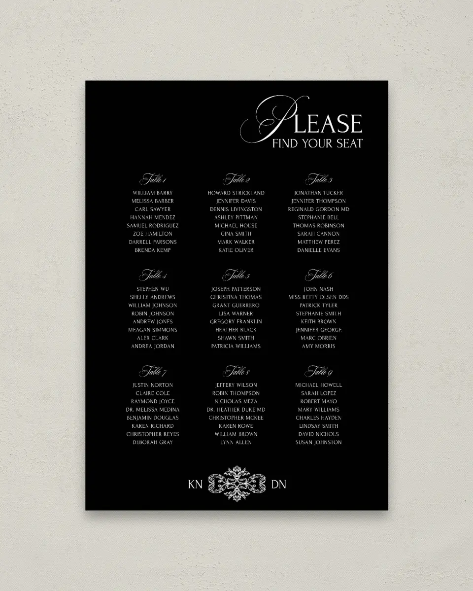 This is a 20" x 28" Seating Chart Sign called Elevated Vegas printed in full color with Gold foil