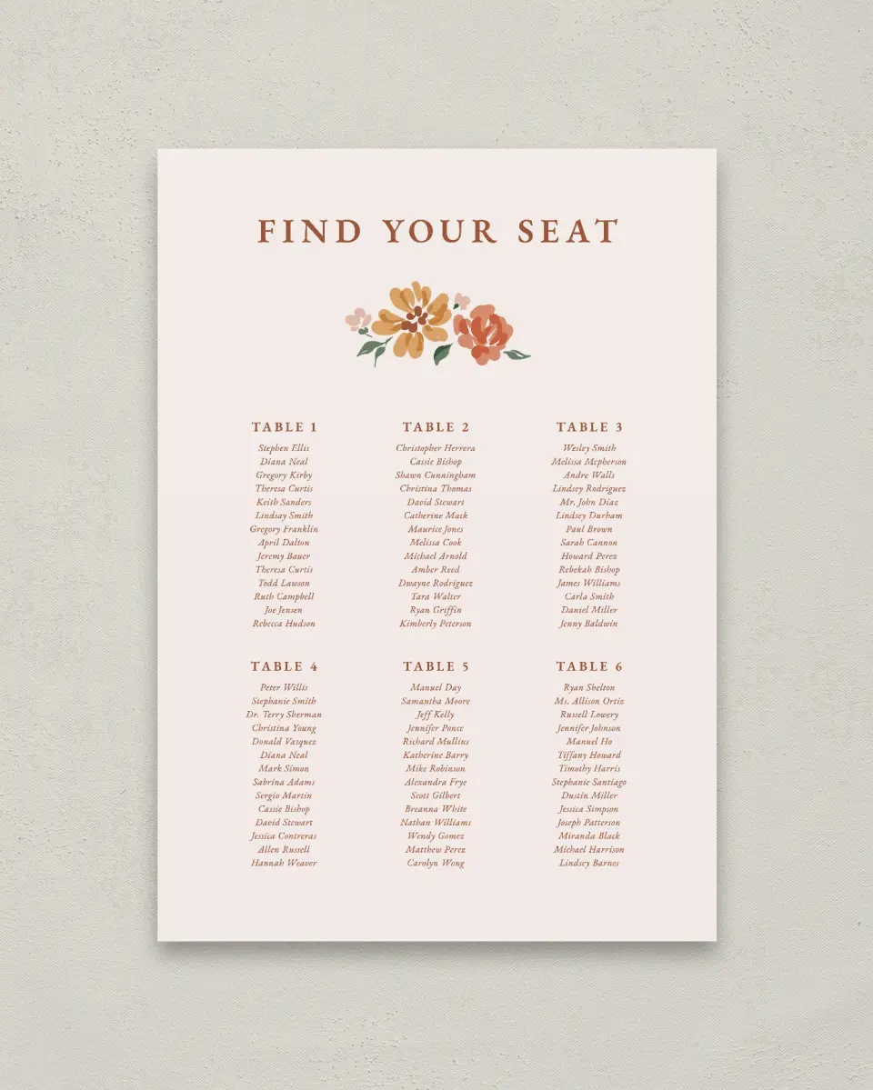 This is a 20" x 28" Seating Chart Sign called Plush Petals printed in full color with Gold foil