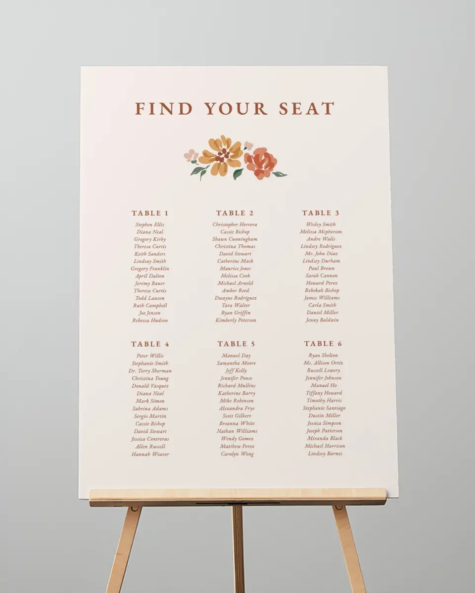 This is a 20" x 28" Seating Chart Sign called Plush Petals printed in full color with Gold foil
