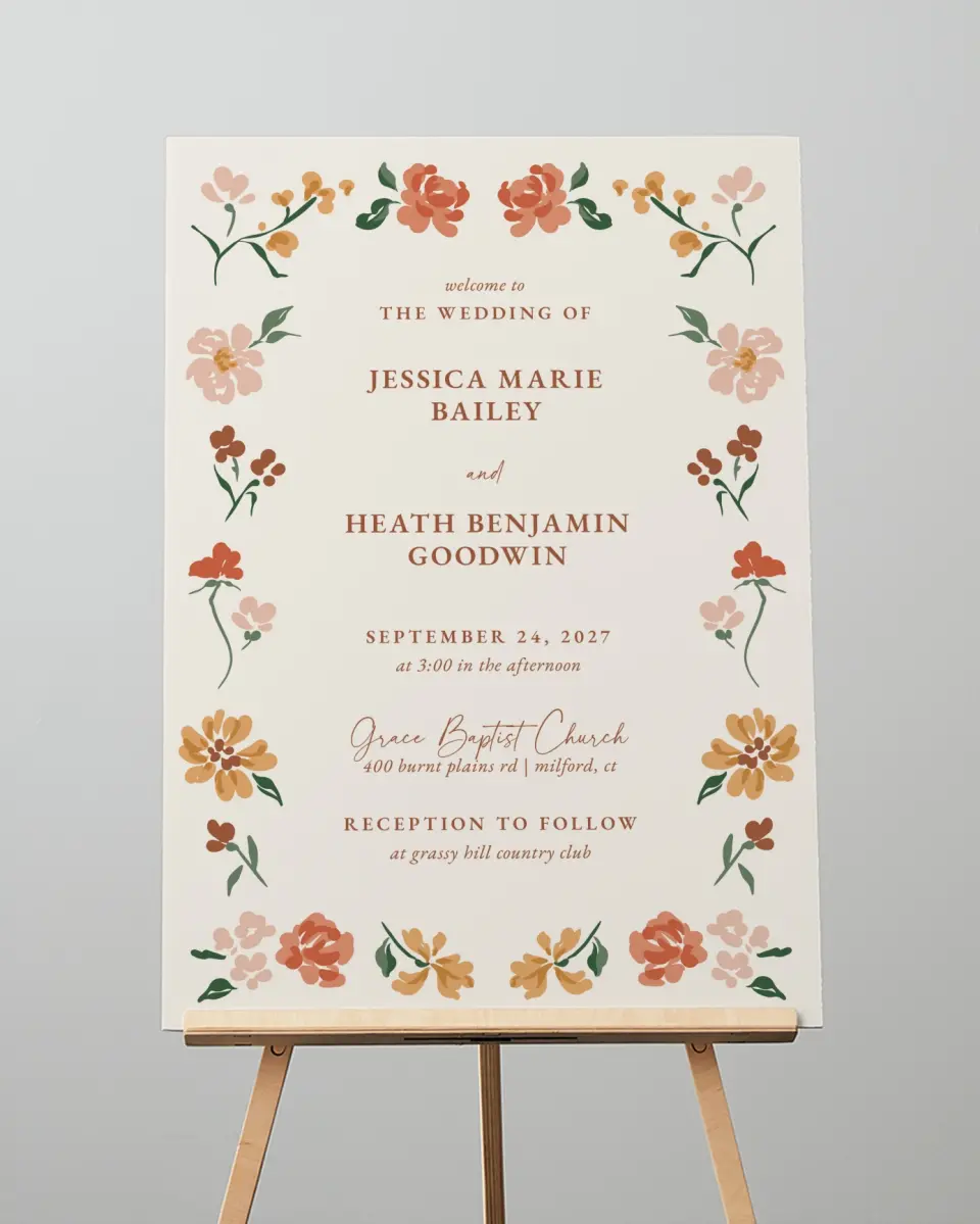 This is a 20" x 28" Welcome Sign called Plush Petals printed in full color with Gold foil